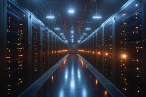 Server Room is Working with Bright Lights and Reflecting Floor photo