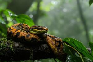 Boa constrictor resting on a branch in the rainforest photo