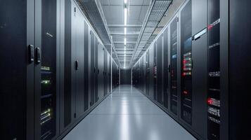 Server racks storing data in a modern data center corridor photo