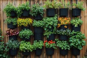 Vertical Garden Displaying Vibrant Herb and Flower Pots photo