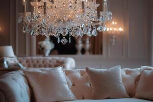 Luxurious crystal chandelier illuminating elegant sofa in classic living room photo