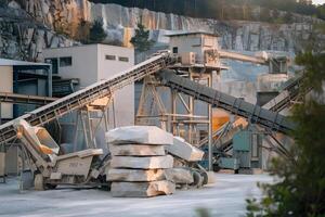Stone quarry with conveyor belts transporting rocks and machinery processing minerals photo