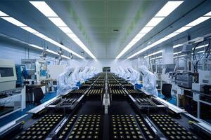 Technicians working on microchip production line in high tech factory photo
