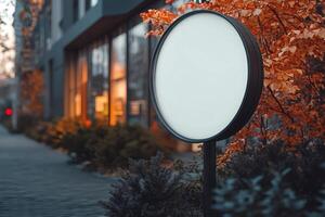 Round signage mockup standing next to a modern building with autumnal trees photo