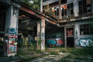 Abandoned industrial building with graffiti and overgrown vegetation photo
