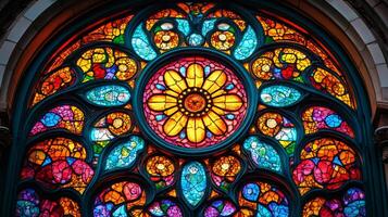 Colorful stained glass window depicting a flower in a church photo