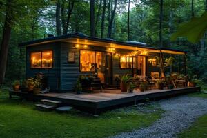 Cozy mobile home in the forest at dusk with warm lights illuminating the porch photo