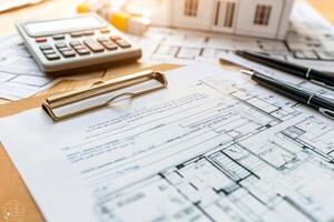 Architect calculating house building expenses with blueprints, calculator and scale model on a desk photo