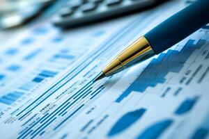 Close up of Pen Analyzing Financial Charts and Reports with Calculator photo