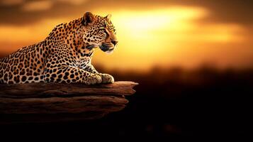 Leopard Resting on Branch at Sunset in African Savanna photo