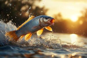 Big carp fish jumping out of water at sunset creating splash photo