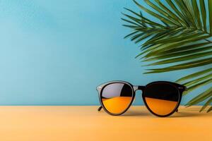 Sunglasses and palm leaf resting on yellow surface with blue background representing summer vacation photo