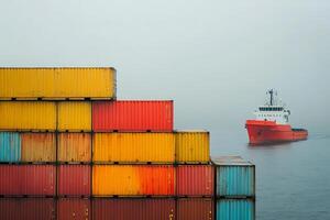 Cargo ship approaching colorful container stacks in the fog photo