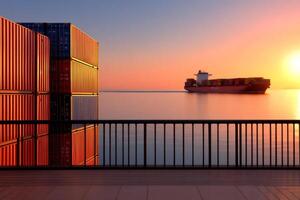 Cargo ship sailing at sunset near container terminal photo