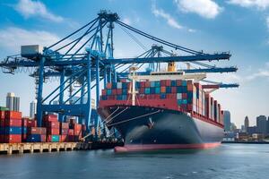 Large container ship docking at commercial port with loading cranes photo