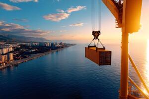 Crane loading cargo container at sunset in port photo