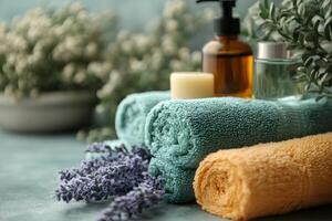 Rolled towels, dispenser bottle, candle and lavender flowers creating relaxing spa atmosphere photo