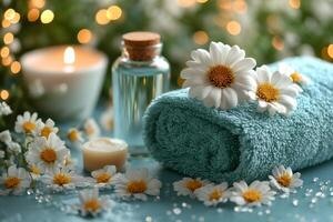 Rolled towel, essential oil bottle, candle and chamomile flowers creating relaxing atmosphere photo