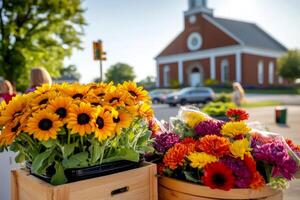 Sunflowers and colorful chrysanthemums shining in wooden boxes in front of a church photo