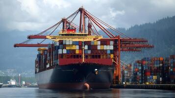 Container Ship Docking at Port Terminal with Cargo Cranes operating photo