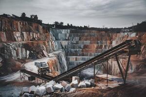 Conveyor belts transporting marble blocks in open pit mine under cloudy sky photo