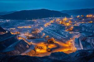 Illuminated Open Pit Mine at Dusk with Machinery photo