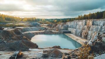 Quarry Landscape with Machinery and Water Pool photo