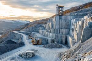 Granite quarry with towering rock formations and machinery photo