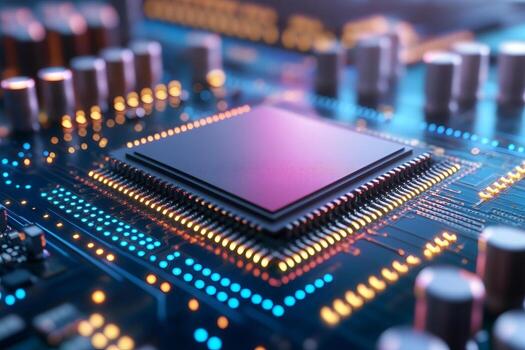 Modern CPU Processor Unit on Motherboard with Bright Lights Showing Data Flow photo