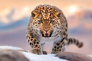 Leopard showing teeth and walking on snow at sunset photo