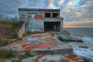 Abandoned Coastal Building with Graffiti Art photo