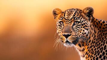 Leopard staring intensely with a blurred golden background at sunset photo