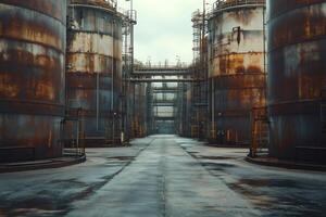 Rusting industrial storage tanks under cloudy sky photo