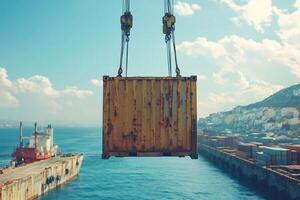 Crane lifting cargo container in Gibraltar harbor with cargo ship in background photo