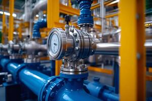 Industrial Pressure Gauge on Blue Pipeline System photo
