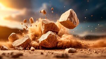 Stones exploding on the ground creating a cloud of dust at sunset photo