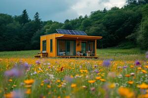 Modern tiny house with solar panels standing in a beautiful field of wildflowers photo