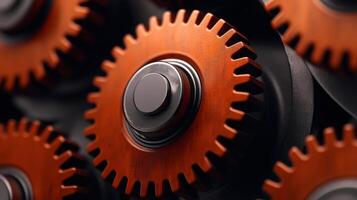 Interlocking wooden gears rotating smoothly in a complex mechanism photo