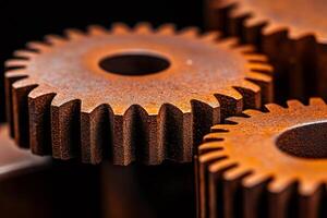 Rusty gears connecting and working together on black background photo