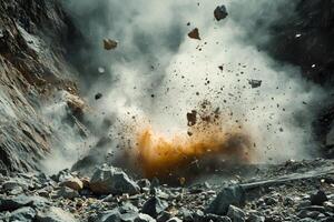 Rocks exploding in a quarry creating a cloud of dust and debris photo