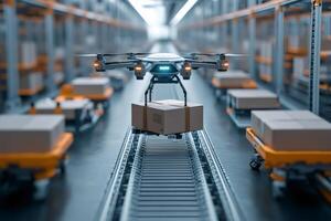 Drone carrying package in automated warehouse using innovative technology photo