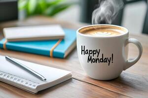 Steaming cup of coffee with happy monday message near notepad and pen on wooden desk photo