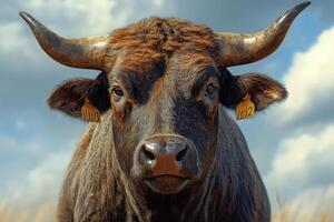 Imposing aurochs bull staring with large horns and ear tags in a field under a cloudy sky photo