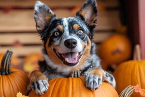 Happy merle australian shepherd dog posing with pumpkins for thanksgiving or halloween photo