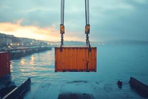 Crane lifting cargo container in harbor at sunset photo