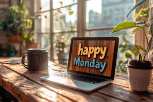 Laptop showing happy monday message on wooden desk with coffee mug and plants photo