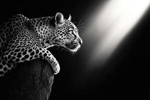 Majestic Leopard Resting Under Dramatic Spotlight photo