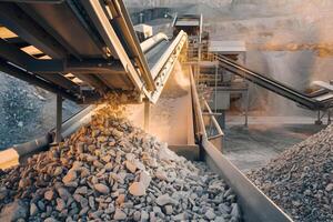 Conveyor belt dropping gravel in open pit mining quarry photo