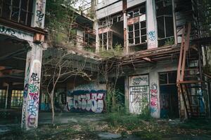Abandoned industrial building with graffiti and overgrown vegetation is decaying photo