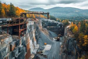Granite rock quarry extracting stone in Vermont with autumn forest and cloudy sky photo